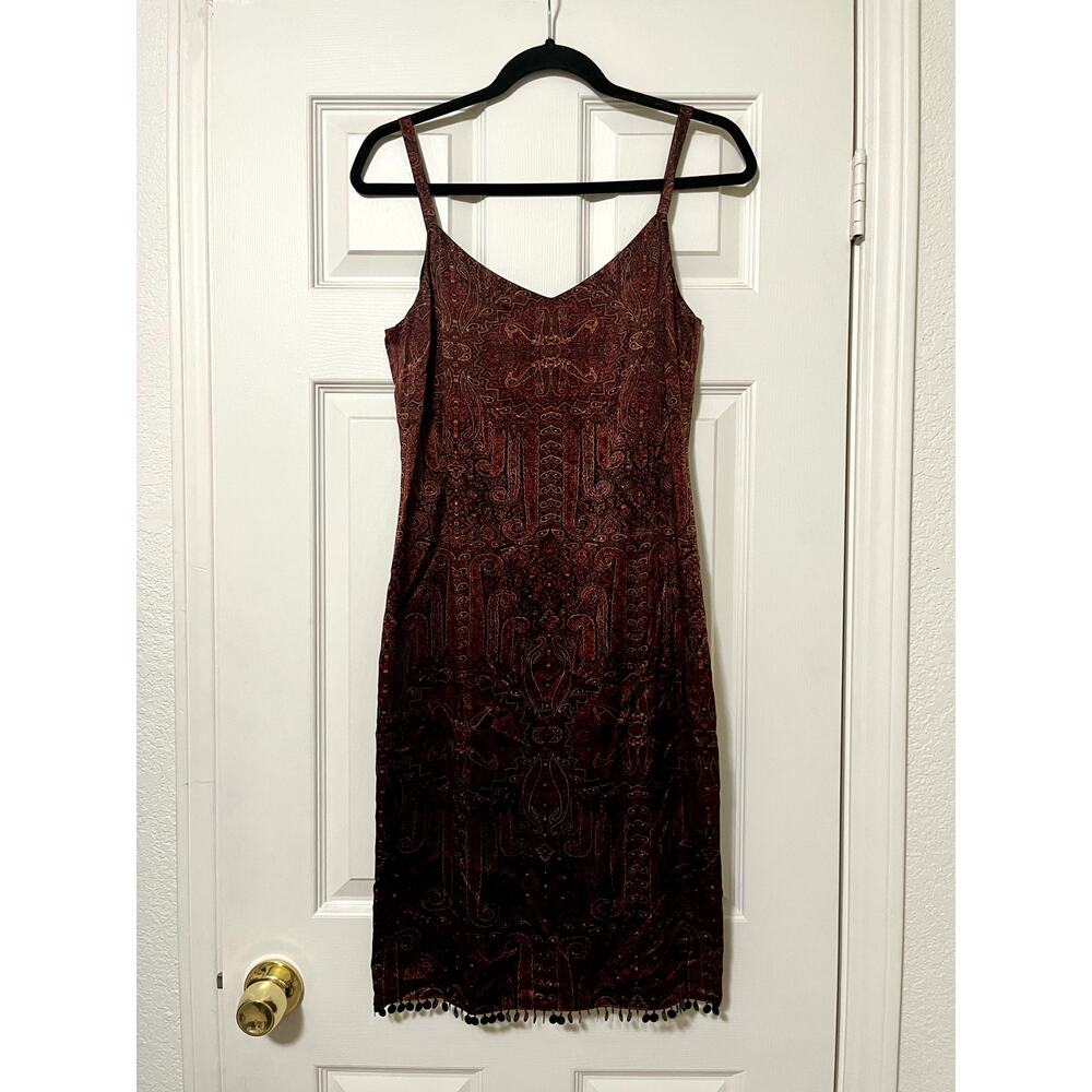 Ann Taylor Loft Vintage Y2K 100% Silk Burgundy Paisley Beaded Hem Slip Dress